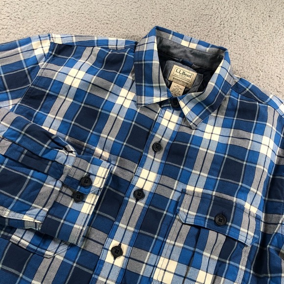 LL Bean Shirt Jacket Men L Tall Blue Plaid Slightly Fitted Quilted Lined Shacket - Picture 2 of 13